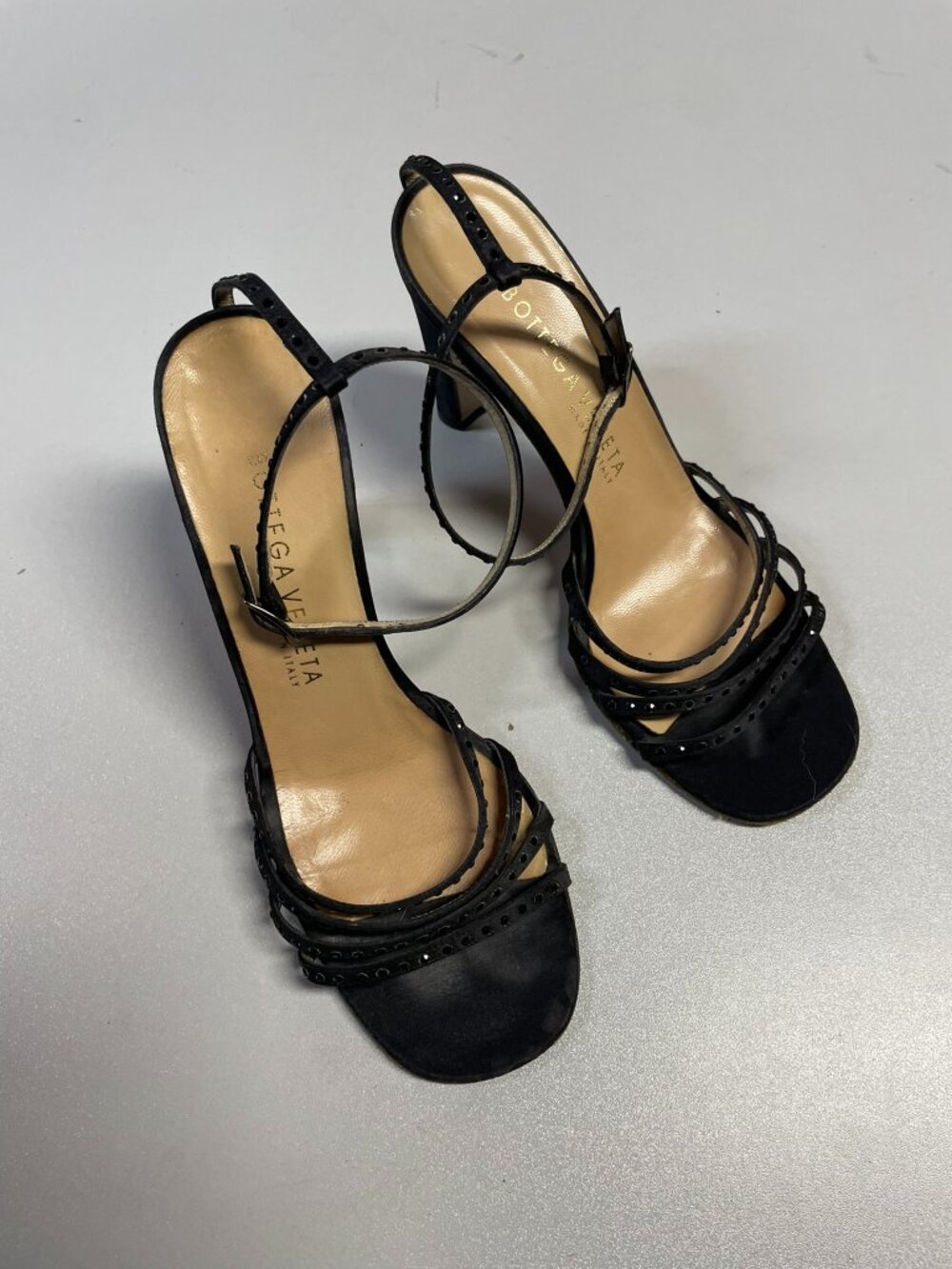 BOTTEGA VENETA Women's Black Satin Crystal Strappy Sandals Size 6B